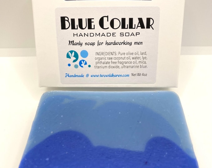 BLUE COLLAR Handmade Soap, Wood, Smoke, Masculine, Working Man Soap, 4 oz, Two Wild Hares