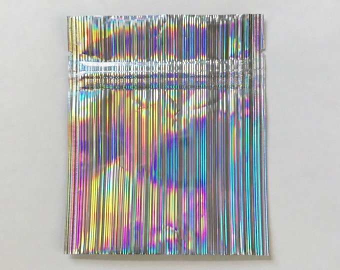 50- 3.4"x4" Holographic Mini Pouch, Mylar Bag, Zipper Seal, Flat/Fold Over Bottom, Two Wild Hares