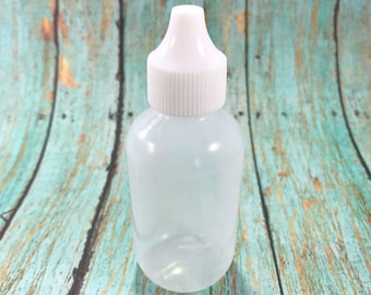 May include: A clear plastic bottle with a white dropper top. The bottle is empty and has a textured surface.