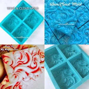 May include: A turquoise blue silicone mold with four square cavities. Each cavity has a raised design of swirling waves and clouds. The mold is shown with a finished soap bar in a red and white swirl pattern. The text "Wave Cloud Mold" and "WAVE & CLOUD MOLD" is visible in the image. The text "www.twowildhares.com" is also visible in the image.
