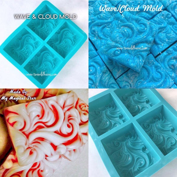 2 Pack- WAVE, CLOUD & Smoke Soap Mold, 3.5oz Cavity, Silicone, Ocean, Wind, Smoke, Water, 8 cavities total, Two Wild Hares