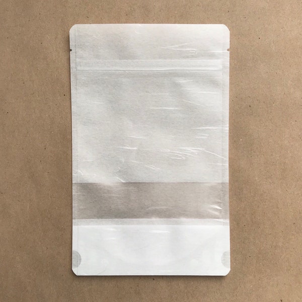 25-6x9" White RICE PAPER Eco Friendly Stand Up Pouches, Tear Notch, Zipper Seal, Impulse Sealable, Free Usa Ship, Two Wild Hares
