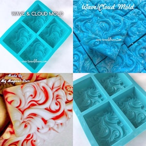 May include: A square, turquoise silicone mold with four wave-patterned cavities. The top left corner reads "WAVE & CLOUD MOLD." A close-up shows a blue soap with a wave design. Another soap is white and red with a swirl design.