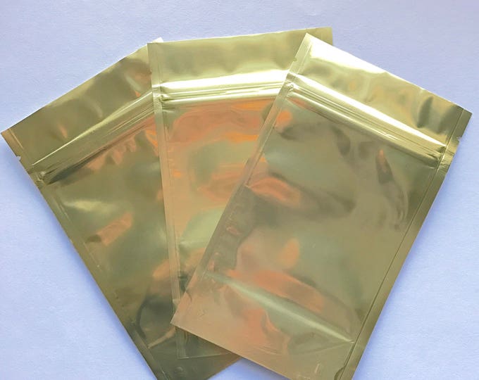 25-4x6" GOLD/CLEAR Foil Stand Up Pouches, Heavy Duty 5.4mil, Tear Notch, Zipper Seal, Impulse Sealable