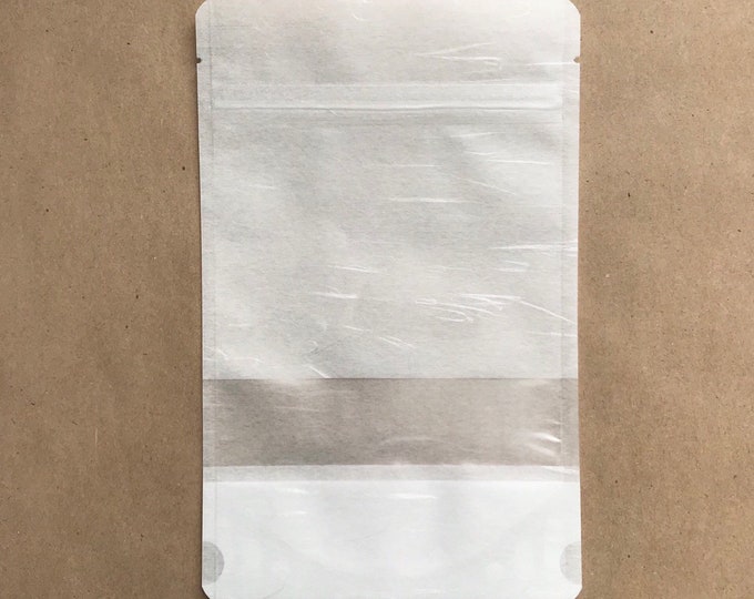 100-6x9" White RICE PAPER Eco Friendly Stand Up Pouches, Tear Notch, Zipper Seal, Impulse Sealable, Free Usa Ship, Two Wild Hares