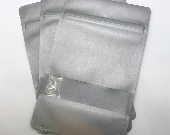 25-6x9" Silver RICE PAPER Eco Friendly Stand Up Pouches, Tear Notch, Zipper Seal, Impulse Sealable, Two Wild Hares