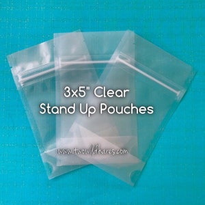 25- 3x5" MINI CLEAR STAND Up Pouches, Heavy Duty 4 mil, Tear Notch, Zipper Seal, Impulse Sealable, Great For Samples, Two Wild Hares