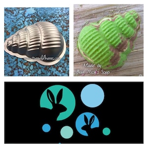 May include: A green and brown bath bomb shaped like a seashell. The bath bomb is made by Bad Rick's Soap. The image also shows a silver seashell mold and a logo with a silhouette of a rabbit in a circle.