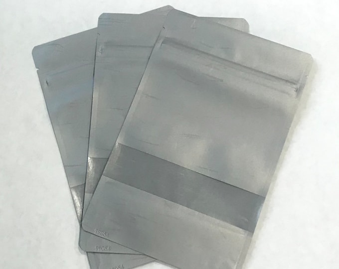 25-5x8" Silver RICE PAPER Eco Friendly Stand Up Pouches, Tear Notch, Zipper Seal, Impulse Sealable, Packaging, Two Wild Hares