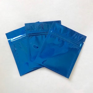 50- 3.4"x4" Mini Pouch Electric Blue Mylar Sample Bags, Zipper Seal, Flat/Fold Over Bottom, Two Wild Hares
