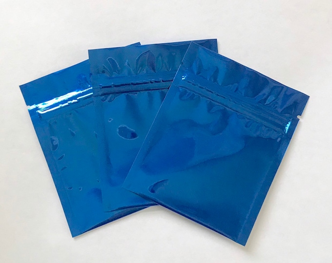 50- 3.4"x4" Mini Pouch Electric Blue Mylar Sample Bags, Zipper Seal, Flat/Fold Over Bottom, Two Wild Hares