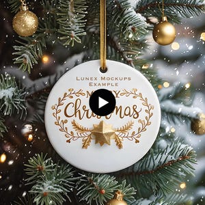 Christmas Ornament Mockup Video Snow Effect Mockup Winter Ornament Video White Blank Ceramic Ornament Mock ups Video Snowfall Ornament