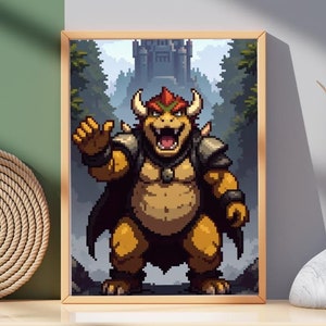 Retro Pixel Art Bowser Poster | Klassische Nintendo Wandkunst | Bowser Pixel Print | Geschenk für Gamer, Geschenk für Ihn, Spielzimmer Dekor