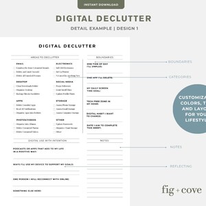 May include: A digital decluttering worksheet with a minimalist design. The worksheet includes sections for email, desktop, apps, photos/videos, and more. Text on the right side includes "Boundaries" and "Categories". The design is customizable.