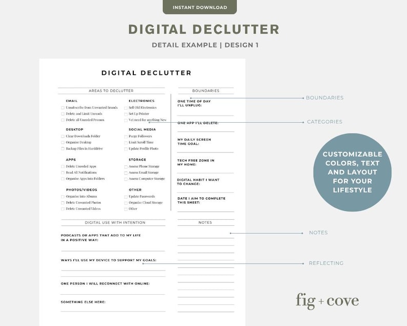 May include: A digital decluttering worksheet with a minimalist design. The worksheet includes sections for email, desktop, apps, photos/videos, and more. Text on the right side includes "Boundaries" and "Categories". The design is customizable.