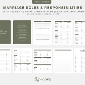 May include: A printable marriage roles and responsibilities planner template in a green and white color scheme. The template includes a cover page with the text "FAMILY NAME" and nine pages of checklists and tables for couples to use to plan their roles and responsibilities in their marriage.