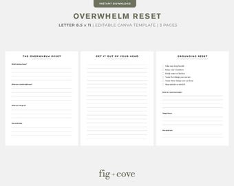 May include: A digital download template titled "Overwhelm Reset" with three pages. The pages include prompts for self-reflection, such as "What's feeling heavy?" and "What do I need most today?" The template is 8.5 x 11 inches and is editable in Canva.