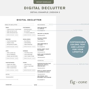 May include: A digital declutter planner with a minimalist design. The document includes sections for email, desktop, apps, photos/videos, and more. Text on the image reads "Digital Declutter" and "Customizable Colors, Text and Layout for Your Lifestyle."