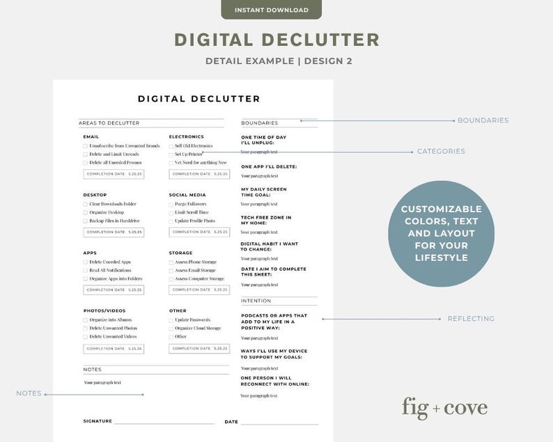 May include: A digital declutter planner with a minimalist design. The document includes sections for email, desktop, apps, photos/videos, and more. Text on the image reads "Digital Declutter" and "Customizable Colors, Text and Layout for Your Lifestyle."