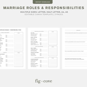 May include: A digital template for marriage roles and responsibilities, available for instant download. The design includes three pages with sections for household management, activities, and communication. Text includes "Marriage Roles & Responsibilities" and "Editable Canva Template".