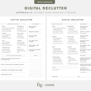 Puede incluir: Una plantilla de limpieza digital con dos diseños, tamaño carta 8,5 x 11 pulgadas. La plantilla incluye secciones para correo electrónico, aplicaciones, fotos y redes sociales. El texto dice "Digital Declutter" y "Instant Download".