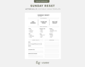 Sunday Reset Planner Template: Minimalist Weekly Organizer (Canva Editable, Digital Download)