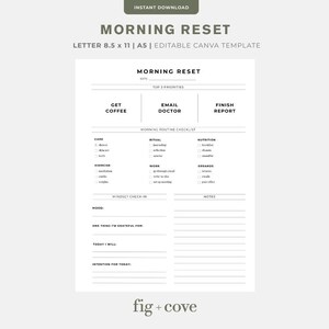 Peut inclure: Un modèle imprimable blanc intitulé "Morning Reset" avec des sections pour les priorités quotidiennes, une liste de contrôle et des notes. Le modèle comprend le texte "Téléchargement instantané" et "Modèle Canva modifiable". Le logo fig + cove est en bas.