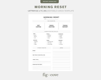 May include: A white printable template titled "Morning Reset" with sections for daily priorities, a checklist, and notes. The template includes the text "Instant Download" and "Editable Canva Template". The fig + cove logo is at the bottom.