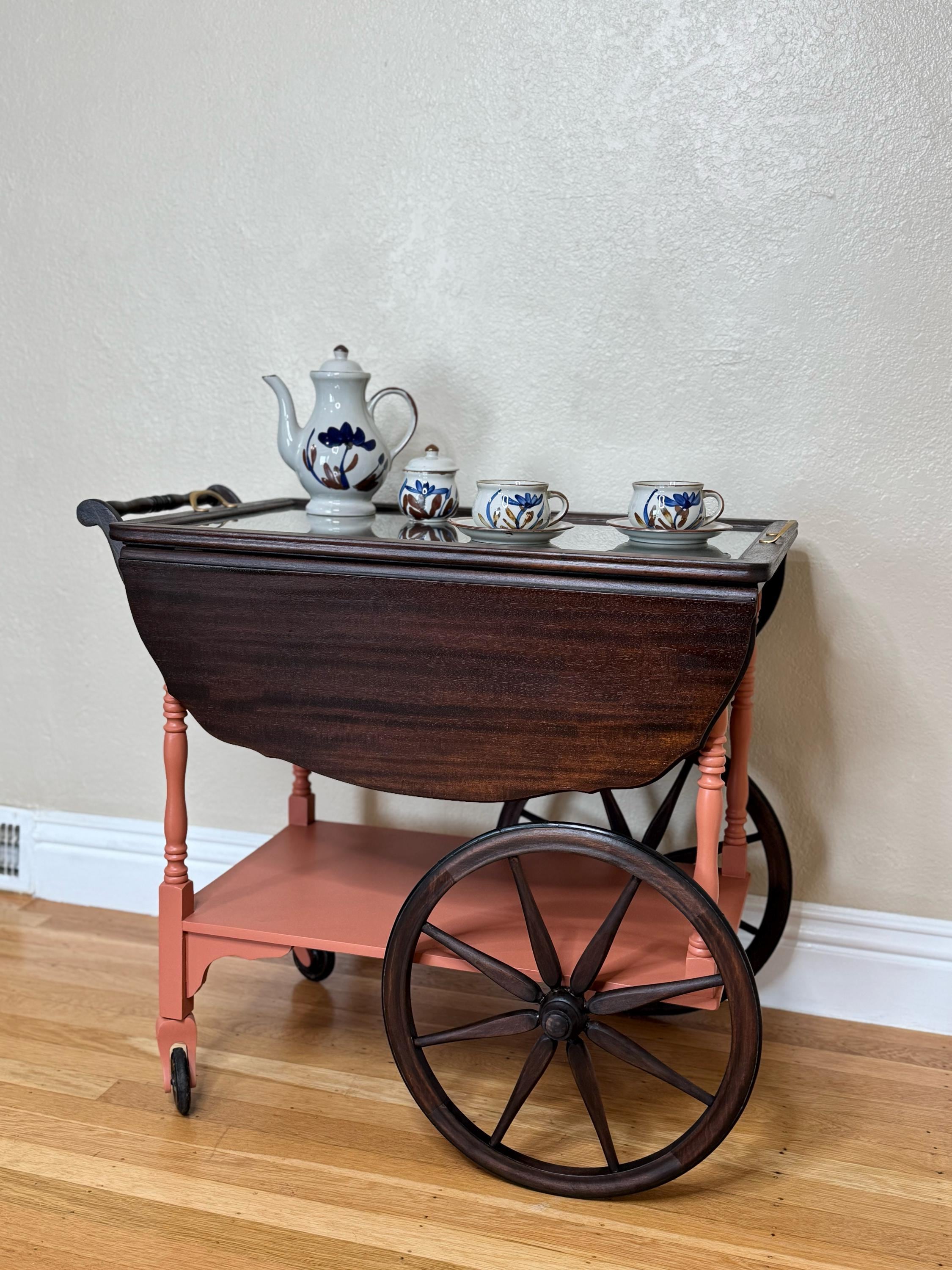 Victorian Style Wooden Tea Cart: Vintage English Bar Cart, 1900s