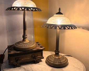 Pair Vintage Art Deco Bronze Floral Frosted Glass 2 Lights