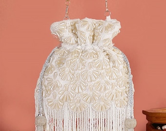 Luxury Pearl Clutch Bag – Handcrafted White Beaded Evening Bag with Gold Chain & Fringe – Bridal Wedding Clutch for Women