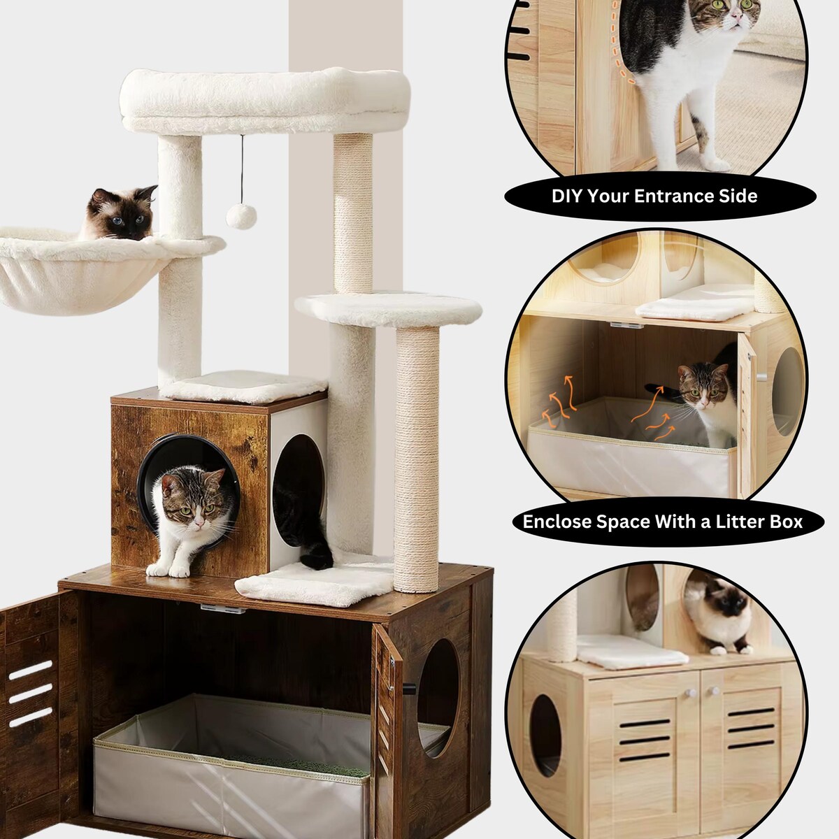 Multi-level Cat Climbing Tree - Wooden Cat Furniture & Cat House With Condo, Foldable Litter Box, Scratching Post - Cozy Kitten Bed - Etsy