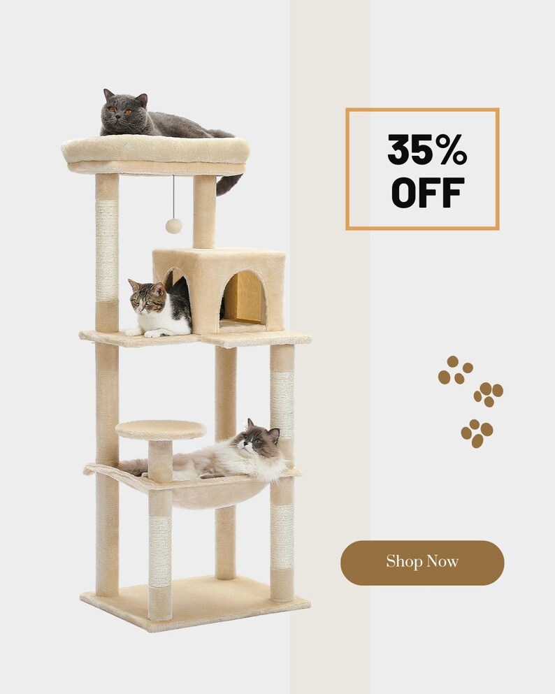 Cat Tree House for Indoor Cats - 5-Level Cat Tower for Large Cats, Cozy Condo, Large Hammock, Sisal Scratching Posts - Cat Furniture
