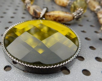 Olive Me ~ necklace with faceted golden green statement pendant.