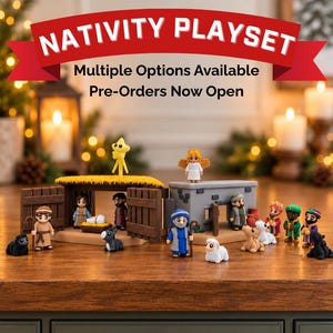 May include: A nativity playset featuring small, stylized figurines including a central stable with a yellow star, a gray building, and various characters such as an angel, shepherds, and animals. The text reads CRAFTICIST, NATIVITY PLAYSET, Multiple Options Available, Pre-Orders Now Open.