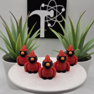 May include: Five red cardinal figurines with black masks and beaks are arranged on a white, round pedestal. The figurines are in front of green plants in white pots. A black and white graphic is in the background.