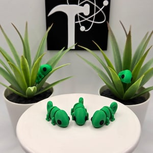May include: Three small green plastic chameleon figurines with black eyes. The figurines are sitting on a white plate.
