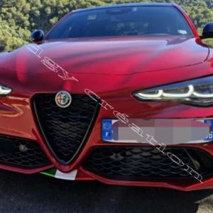 Peut inclure: Une voiture de sport rouge avec une calandre et des phares noirs. La voiture a une plaque d'immatriculation et un petit emblème du drapeau italien. La voiture est garée sur une route avec des arbres en arrière-plan.