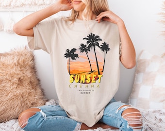 Sunset Cabana From Sunrise to Sunset” Palm Trees Sunset T‑Shirt – Tropical Vacation Quote Tee – Beach Gift, Summer Unisex Graphic Tee