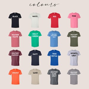 a collection of 16 t-shirts in various colors, including black, white, red, pink, green, blue, olive, maroon, navy, true royal, grey, orange, sand, and athletic.