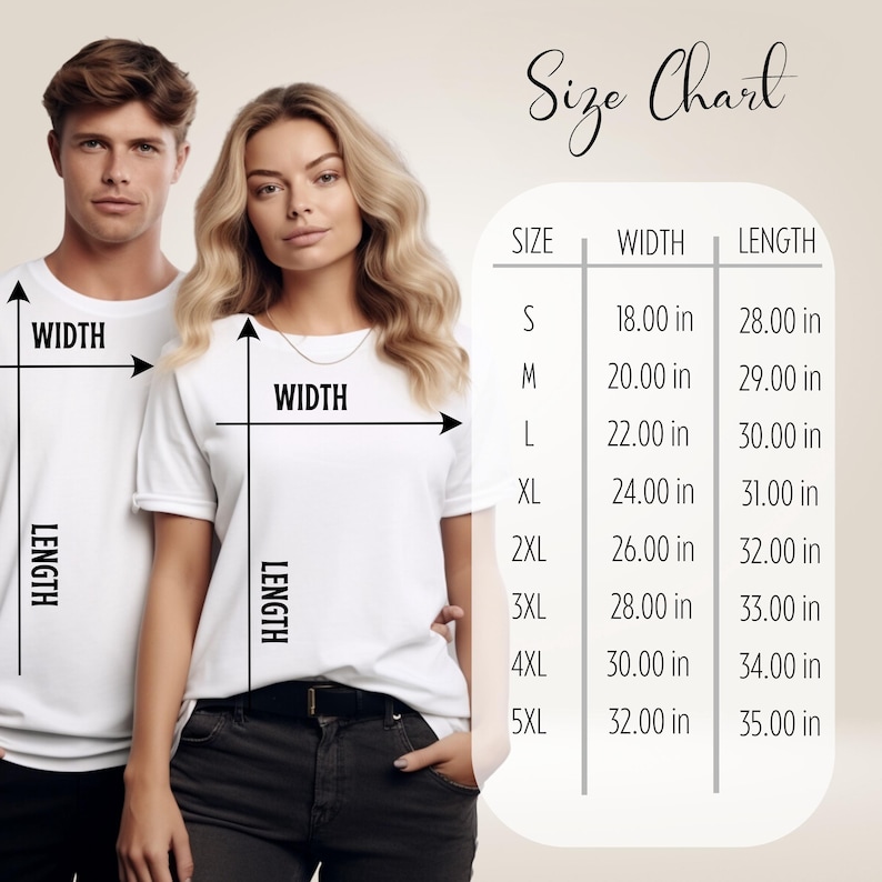 a man and a woman standing next to each other, both wearing white t-shirts. They are positioned in front of a size chart that provides measurements for different shirt sizes.