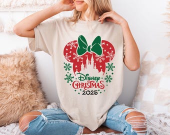 Christmas Mouse Ears Shirt, Holiday Bow Tee, Magical Castle T-Shirt, Christmas 2025 Snowflake Top, Festive Family Vacation Shirt