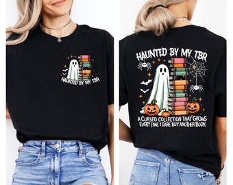 Haunted By My TBR Shirt, Book Lover Halloween Ghost Spooky Season T-Shirt, Book Stack Reading Tee, Cute Bookworm Gift for Her