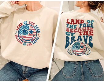 Sudadera patriótica de dos caras, Tierra de libertad por la valentía, camiseta de EE. UU., sudadera de cuello redondo de EE. UU. para mujer, sudadera del 4 de julio