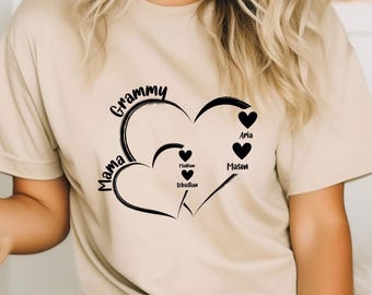 Custom Grammy Mama Shirt with Kid Names, Mothers Day Gift, Personalized Heart Mom Shirt, Birthday Gift for Mom, Baby Shower Gift