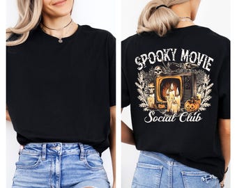 Spooky Movie Social Club Sweatshirt with Back Design, Retro Horror Crewneck, Scary Movie Sweater, Vintage Halloween Fan Pullover