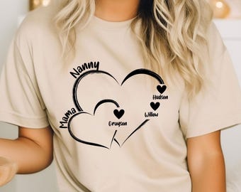 Personalized Nanny Heart Shirt with Grandkid Names, Mothers Day Gift, Custom Nanny Mama Shirt, Birthday Gift for Mom, grandparent gift shirt