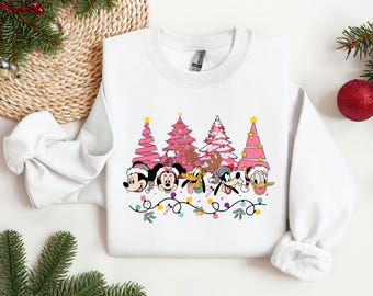Disney Christmas Sweatshirt, Pink Holiday Trees Hoodie, Mickey Minnie Squad Crewneck, Family Matching Pullover, Winter Vacation Gift
