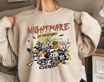 Nightmare On The Street Sweatshirt, Funny Disney Halloween Crewneck, Horror Movie Parody Sweater, Spooky Skeleton Crew, Vacation Pullover