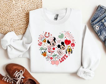 Disney Valentines Day Heart Sweatshirt, Gift for her, Mickey and Friends Valentines Day Crewneck, Cute Couple Sweatshirt, Love Hoodie
